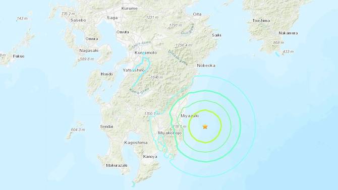 The quake's epicentre was off the coast of Miyazaki prefecture. (Image: USGS)