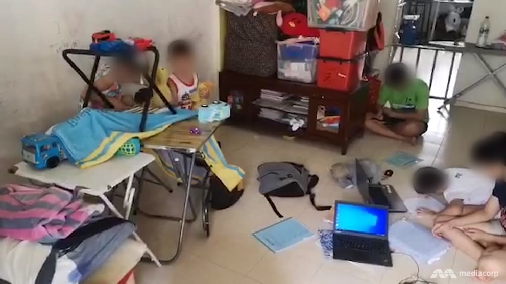 The environment in which four children in a household ranging from primary school to polytechnic are having their home-based learning. Source: Channel News Asia