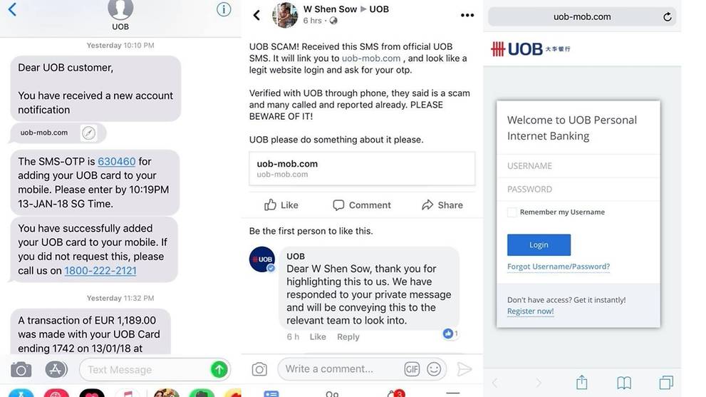 Beware Of Sms Linking Uob Customers To Phishing Website Police Cna